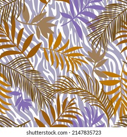 Botanical seamless pattern mixed with tiger zebra stripes skin texture. Hand drawn fantasy exotic sprigs and leafage. Floral background made of herbal foliage leaves for fashion, textile, fabric.
