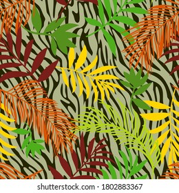 Botanical seamless pattern mixed with zebra stripes skin texture. Hand drawn fantasy exotic sprigs and leafage. Floral background made of herbal foliage leaves for fashion design, textile, fabric.