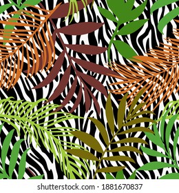Botanical seamless pattern mixed with zebra stripes skin texture. Hand drawn fantasy exotic sprigs and leafage. Floral background made of herbal foliage leaves for fashion design, textile, fabric.