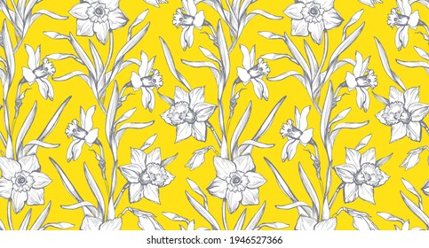 Patrón ininterrumpido botánico con Naturas calmadas con Narciso blanco primaveral sobre iluminación amarillo de moda. Diseño elegante para textiles, tela, papel pintado, embalaje. Ilustración vectorial.