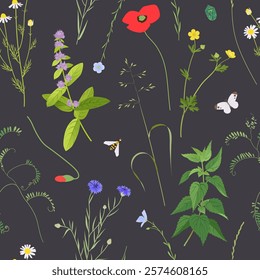 Botanical seamless pattern, no mow May concept, wild flowers, grass and plants vector illustration