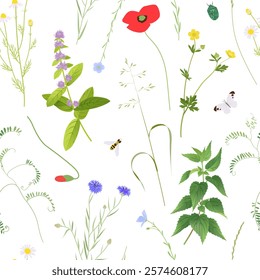 Botanical seamless pattern, no mow May concept, wild flowers, grass and plants vector illustration