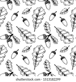 Botanical seamless pattern with oak leaves and acorns isolated on white background. Autumn design. Hand drawn sketch vector illustration. Vintage line art