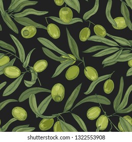 Botanical seamless pattern with olive tree branches, leaves, green fresh fruits or drupes on black background. Elegant hand drawn vector illustration in vintage style for textile print, wallpaper.