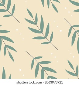 Patrón sin costuras botánicas. Hojas de rama de árbol de olivo sobre fondo amarillo pálido impecable impresión. La planta de eucalipto deja textil de estilo dibujado a mano, envoltura, diseño de tela. Vector de dibujos animados dibujado a mano