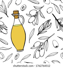 Botanical seamless pattern of olives, twigs, leaves and glass oil bottle.Handmade illustrations for packaging design of cosmetics,food