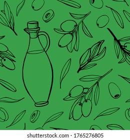 Patrón de aceitunas, ramas, hojas y frascos de aceite de vidrio sin costura.Ilustraciones hechas a mano para el diseño de envases de cosméticos, alimentos
