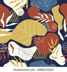 Botanical seamless pattern on blue background. Trendy abstract pattern, tropical leaves, gold, blue, red, pastel earthy colours. Vector illustration.