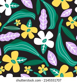 Botanical seamless pattern on a dark background. Vector design for fashion, fabric and wallpaper. Nice pattern in modern style. Floral background.