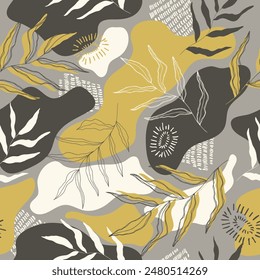 Botanical seamless pattern on dark background. Trendy abstract pattern, tropical leaves, gold, pastel earthy colours. Vector illustration.