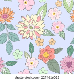 Patrón botánico sin costura sobre un fondo lila claro, flores rosas y amarillas con hojas verdes, tema de cosecha pastel.