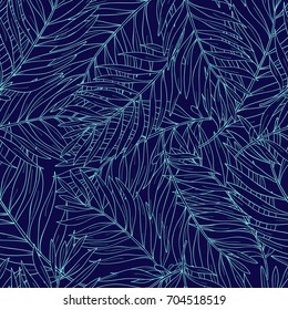 Botanical seamless pattern with outline of tropical palm leaves hand drawn on dark blue background. Thick foliage of exotic tree growing in jungle. Vector illustration for textile print, wallpaper. 