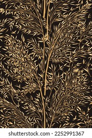 Botanical seamless pattern with pampas grass. Dark background.  Yellow tones. Vector illustration with dry grasses. Ornament for wallpaper, wrapping, textile. Engraving.
