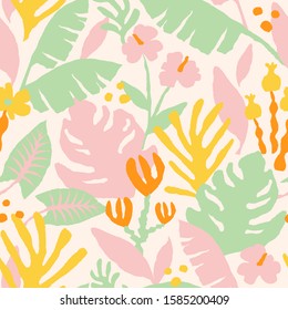 Botanical seamless pattern with pastel collage of ejungle fruits and plants. Contemporary background in Scandinavian style. Hand drawn trendy texture for print, design, fabric. Vector illustration