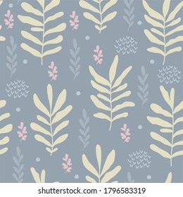 Patrón botánico sin costura, ramas y hojas de color pastel sobre un fondo gris, ideal para dibujar para tela, papel envolvente, decoración interior, postal o afiche