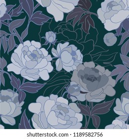 Botanical seamless pattern with peonies and leaves. Vector illustration. Big flowers.Template for Wallpaper, postcard, paper, fabric, web page.Wedding, celebration.
