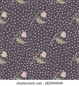 Botanical seamless pattern with pink campanula flowers. Purple background with dots. Vintage spring backdrop. Decorative backdrop for fabric design, textile print, wrapping, cover. Vector illustration