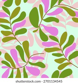 padrão botânico sem emenda com folhas cor-de-rosa e verdes sobre fundo pastel claro. Design botânico elegante para tecido, papel de parede e papel de embrulho.
