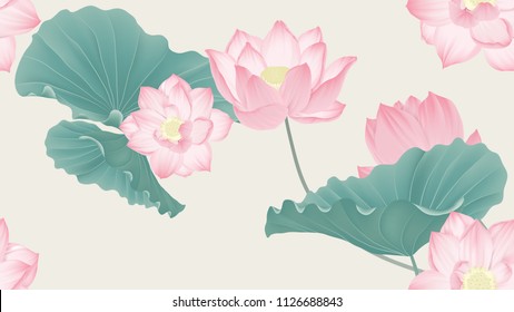 Botanical seamless pattern, pink lotus flowers and leaves on light brown background, pastel vintage theme