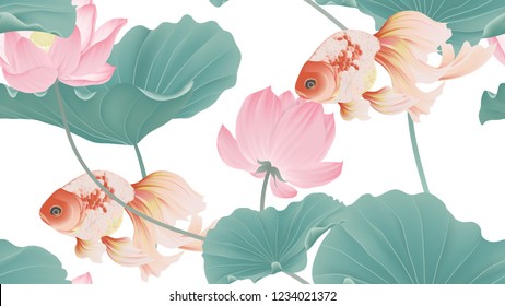 Botanical seamless pattern, pink lotus flowers and goldfish on white background, pastel vintage style