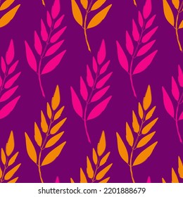 Patrón sin costuras botánicas. Ramas rosa y naranja con hojas sobre fondo morado. Patrón vectorial para textiles, impresión, tela, fondo, papel pintado.