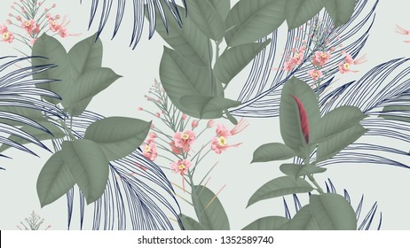 Botanical seamless pattern, pink peacock flowers and various leaves on light green, pastel vintage theme