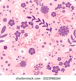 Botanical seamless pattern with pink and purple flowers and leaves. Repetitive background with floral motifs for weddings and invitations. Decorative bouquet with plants and sakura in bloom