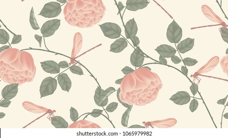 Botanical seamless pattern, pink rose flowers and dragonfly on light yellow background Botanical seamless pattern, pink rose flowers and dragonfly on light yellow background