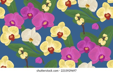 Botanical seamless pattern of pink and yellow orchid flowers on blue background. Vintage floral vector illustration.