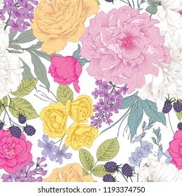 Botanical seamless pattern with pink,white,blue flowers and 
blueberries. Vector illustration. Colorful wallpaper