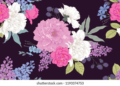 Patrón sin soldadura botánico con flores rosas, blancas, azules y 
arándanos. Ilustración vectorial. Papel pintado de colores