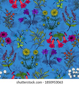 botanical seamless pattern of plants and flowers for fabric, paper. Vector stock illustration eps10. 
