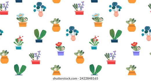 Botanical seamless pattern for printing textiles, paper, cards. Indoor flowers. House plants in pots for the interior. Minimalism. Vector illustration.