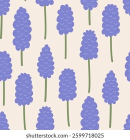 Botanical seamless pattern with purple grape hyacinth flowers. Spring floral vector flat background in naive style