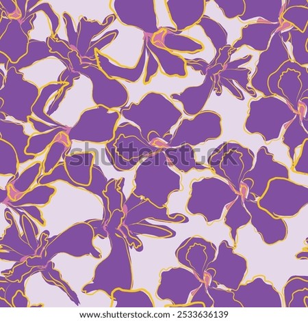 Botanical seamless pattern with purple and pink irises