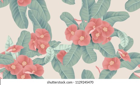 Botanical seamless pattern, red Euphorbia milii flowers and leaves on light brown background, pastel vintage theme