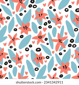 Botanical seamless pattern with red flowers, lilies, leaves, bubbles on white background. Hand-drawn repeat floral print for girls' dresses fabric. Texture for wallpaper, covers, cases, backdrops.