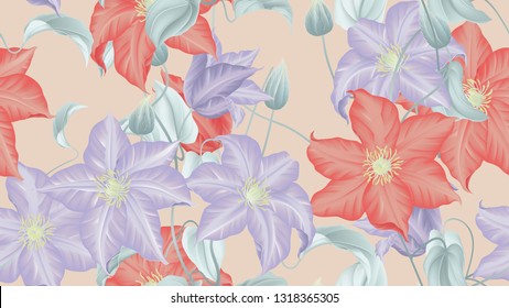 Botanical seamless pattern, red and purple clematis flowers with leaves on light orange, pastel vintage theme
