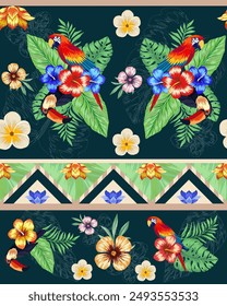 Botanical seamless pattern. Repeating organic ornament with large blooming flowers and bright tropical macaw parrot. Natural exotic design element for fabric printing. Cartoon vector illustration