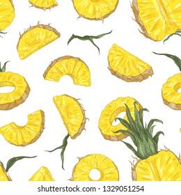 Botanical seamless pattern with ripe pineapple pieces and slices on black background. Backdrop with cut sweet tropical fruit. Elegant realistic vector illustration in antique style for textile print.