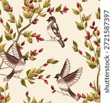 Botanical seamless pattern with rose hip berry and little sparrow bird on branch