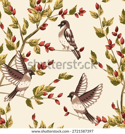 Botanical seamless pattern with rose hip berry and little sparrow bird on branch