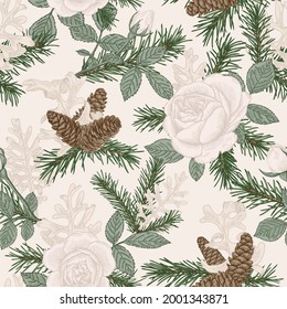 Botanical seamless pattern with roses, fir branches and cones. Christmas background with white flowers and conifers. Floral vector illustration. Pastel shades.