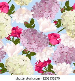 Botanical seamless pattern with roses, tulips and hydrangea flowers on blue. Modern floral pattern for textile, wallpaper, print, gift wrap, greeting or wedding background. Spring or summer design.