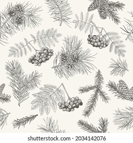 Patrón ininterrumpido botánico con rowan, abeto y pino. Fondo de Navidad con conos, ramas y bayas. Ornamento vectorial floral para envolver papel, textiles, papel pintado. Blanco y negro.