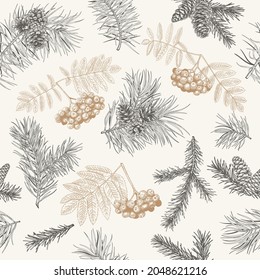 Botanical seamless pattern with rowan, spruce and pine. Christmas background with cones, branches and berries. Vector floral ornament. Engraving style. Black and White and golden. 