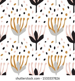 Botanical seamless pattern in Scandinavian style. Light grey, pink. Flat minimal design with Doodle elements.Vector illustration 