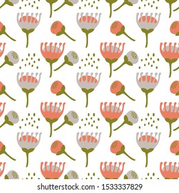 Botanical seamless pattern in Scandinavian style. Light grey, peach pink. Flat minimal design. Pastel noble colors, vector illustration.  