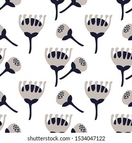 Botanical seamless pattern in Scandinavian style. Flowers and buds. Vector illustration. Fabric, Wallpaper, other surfaces