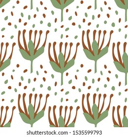Botanical seamless pattern in Scandinavian style. Flat minimal design with Doodle elements. Vector illustration. Fabric, Wallpaper, other surfaces